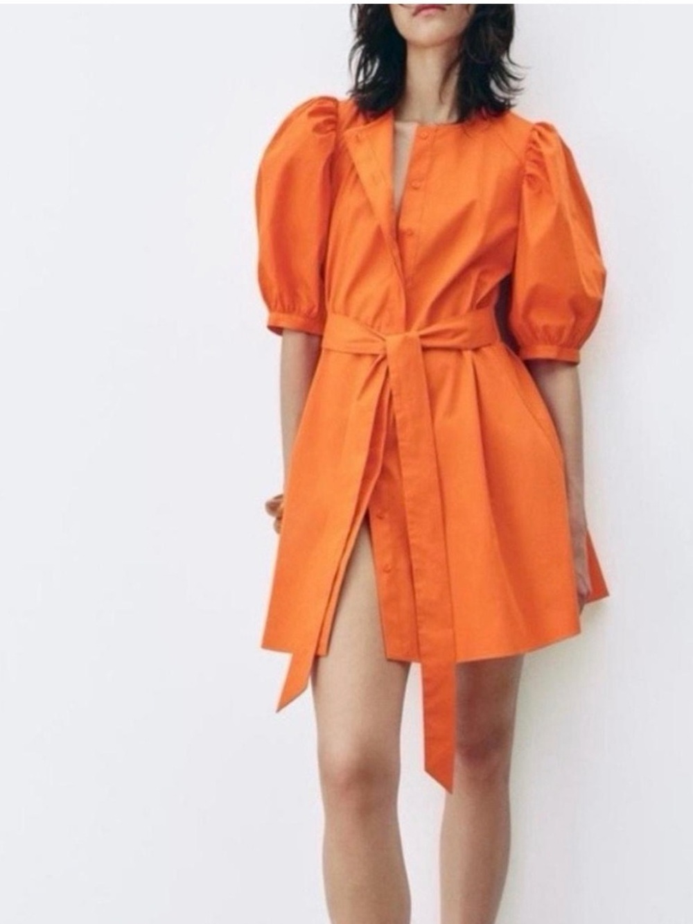 Zara Bright Orange Puff-Sleeve Tie-Waist Mini Dress
